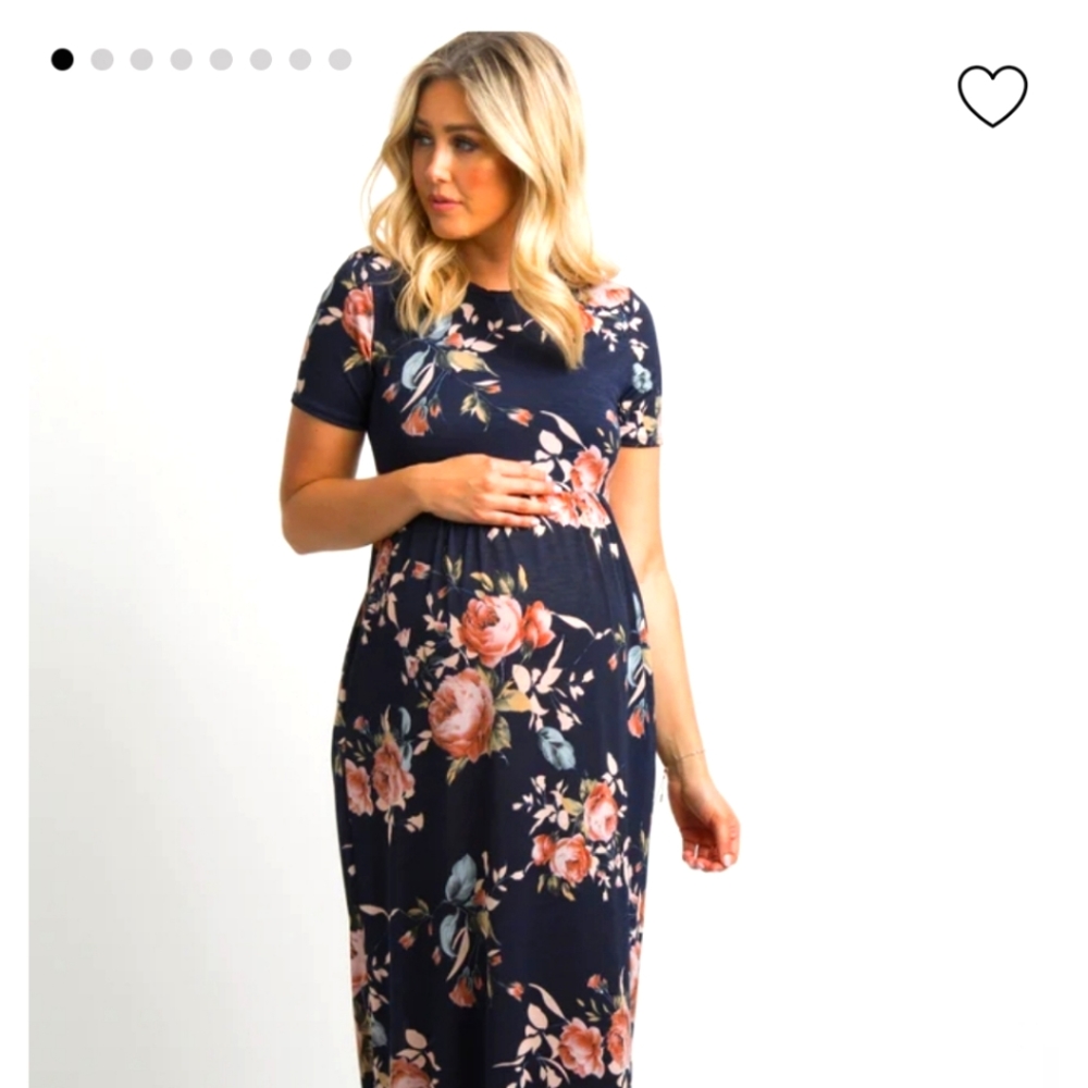 Navy Blue Rose Print Short Sleeve Maternity Maxi Dress